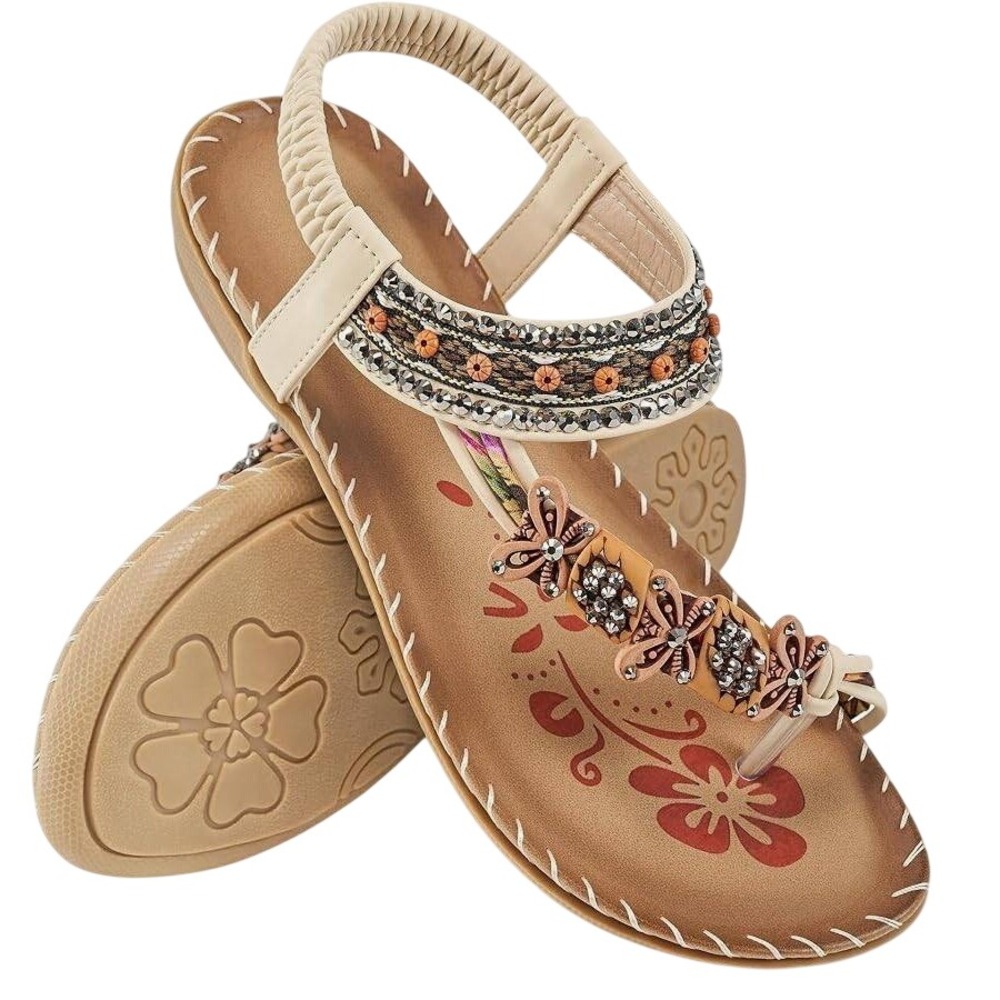 Tan Boho Sandals Womens 10 Beaded Elastic Statement Fairycore Beachy Hippy